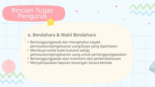 Rincian Tugas
Pengurus
e. Bendahara & Wakil Bendahara

• Bertanggungjawab dan mengetahui segala
pemasukan/pengeluaran uang/biaya yang diperlukan
• Membuat tanda bukti kuitansi setiap
pemasukan/pengeluaran uang untuk pertanggungjawaban
• Bertanggungjawab atas inventaris dan perbendaharaan
• Menyampaiakan laporan keuangan secara berkala
 