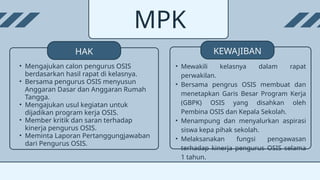 Lorem ipsum dolor sit amet,
consectetur adipiscing elit.
MPK
HAK
• Mengajukan calon pengurus OSIS
berdasarkan hasil rapat di kelasnya.
• Bersama pengurus OSIS menyusun
Anggaran Dasar dan Anggaran Rumah
Tangga.
• Mengajukan usul kegiatan untuk
dijadikan program kerja OSIS.
• Member kritik dan saran terhadap
kinerja pengurus OSIS.
• Meminta Laporan Pertanggungjawaban
dari Pengurus OSIS.
KEWAJIBAN
• Mewakili kelasnya dalam rapat
perwakilan.
• Bersama pengrus OSIS membuat dan
menetapkan Garis Besar Program Kerja
(GBPK) OSIS yang disahkan oleh
Pembina OSIS dan Kepala Sekolah.
• Menampung dan menyalurkan aspirasi
siswa kepa pihak sekolah.
• Melaksanakan fungsi pengawasan
terhadap kinerja pengurus OSIS selama
1 tahun.
 