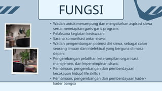 FUNGSI
• Wadah untuk menampung dan menyalurkan aspirasi siswa
serta menetapkan garis-garis program;
• Pelaksana kegiatan kesiswaan;
• Sarana komunikasi antar siswa;
• Wadah pengembangan potensi diri siswa, sebagai calon
seorang ilmuan dan intelektual yang berguna di masa
depan;
• Pengembangan pelatihan keterampilan organisasi,
manajemen, dan kepemimpinan siswa;
• Pembinaan, pengembangan dan pemberdayaan
kecakapan hidup( life skills )
• Pembinaan, pengembangan dan pemberdayaan kader-
kader bangsa
 