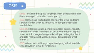 OSIS
Siswa : Peserta didik pada jenjang satuan pendidikan dasar
dan menengah dasar dan menengah 
Intra : Organisasi itu terbatas hanya antar siswa di dalam
sekolah itu dan tidak ada hubungan dengan organisasi
sekolah lain
Sekolah : Bentuk satuan pendidikan dasar dan menengah,
sekolah bertujuan memberikan bekal kemampuan kepada
siswa untuk mengembangkan kehidupan sebagai pribadi,
anggota masyarakat, warga negara, dan anggota umat
manusia
OSIS adalah satu sehingga organisasi yang sah di sekolah
sebagai wadah siswa berorganisasi
 