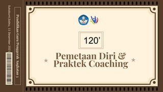 Pendidikan
Guru
Penggerak
Angkatan
3
Sukabumi,Sabtu,
11
Desember
2021
120’
Pemetaan Diri &
Praktek Coaching
 