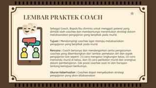 Sebagai Coach, Bapak/Ibu diminta untuk menggali potensi yang
dimiliki oleh coachee dan membantunya menentukan strategi dalam
melaksanakan pengajaran yang berpihak pada murid.
Tujuan : Mendampingi coachee agar mampu melaksanakan
pengajaran yang berpihak pada murid
Rencana : Coach bertanya dan mendengarkan cerita pengalaman
coachee yang dikembangkan dari lembar pemetaan diri dan aspek
pengajaran lain seperti: (1) cara mengatur lingkungan kelas, (2) cara
memandu murid di kelas, dan (3) cara pelibatan murid dan orangtua
dalam pembelajaran. Cek posisi coachee saat ini dan harapan
tentang kemajuan berikutnya.
Ukuran Keberhasilan : Coachee dapat menyebutkan strategi
pengajaran yang akan dilaksanakan
LEMBAR PRAKTEK COACH
 
