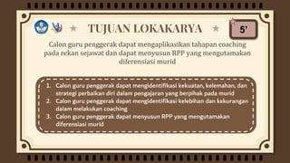 TUJUAN LOKAKARYA
Calon guru penggerak dapat mengaplikasikan tahapan coaching
pada rekan sejawat dan dapat menyusun RPP yang mengutamakan
diferensiasi murid
1. Calon guru penggerak dapat mengidentifikasi kekuatan, kelemahan, dan
strategi perbaikan diri dalam pengajaran yang berpihak pada murid
2. Calon guru penggerak dapat mengidentifikasi kelebihan dan kekurangan
dalam melakukan coaching
3. Calon guru penggerak dapat menyusun RPP yang mengutamakan
diferensiasi murid
5’
 
