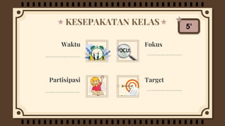 KESEPAKATAN KELAS
Target
Fokus
Waktu
…………………
Partisipasi
…………………
…………………
…………………
5’
 