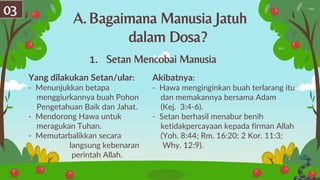 A.Bagaimana Manusia Jatuh
dalam Dosa?
Yang dilakukan Setan/ular:
- Menunjukkan betapa
menggiurkannya buah Pohon
Pengetahuan Baik dan Jahat.
- Mendorong Hawa untuk
meragukan Tuhan.
- Memutarbalikkan secara
langsung kebenaran
perintah Allah.
Akibatnya:
- Hawa menginginkan buah terlarang itu
dan memakannya bersama Adam
(Kej. 3:4-6).
- Setan berhasil menabur benih
ketidakpercayaan kepada firman Allah
(Yoh. 8:44; Rm. 16:20; 2 Kor. 11:3;
Why. 12:9).
03
1. Setan Mencobai Manusia
 