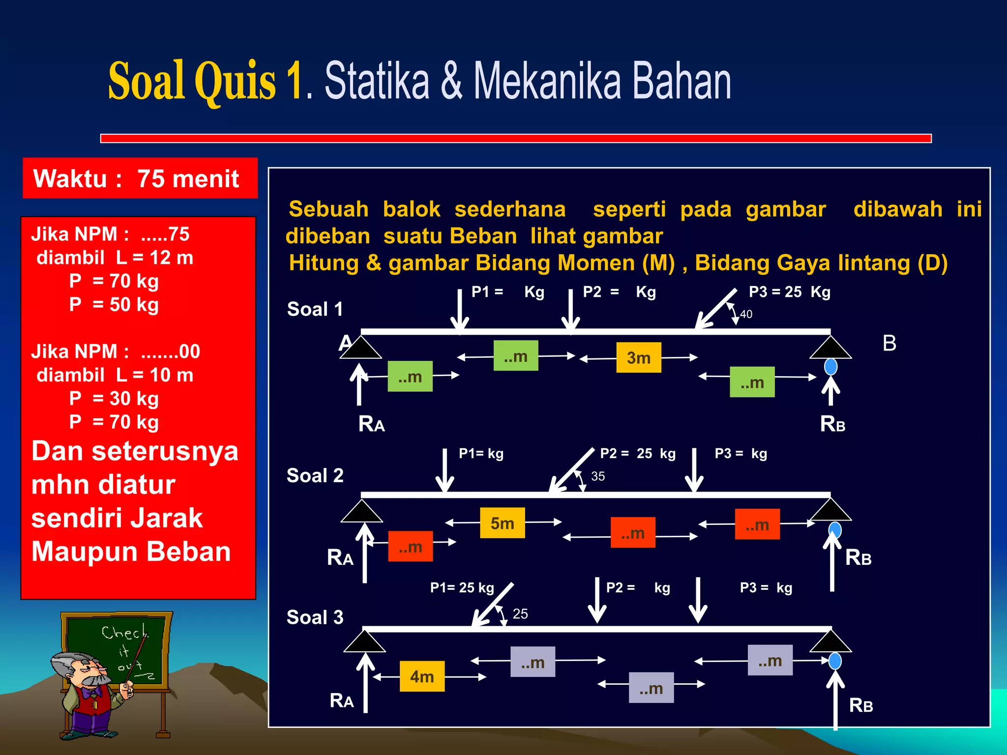 Sebuah balok sederhana seperti pada gambar dibawah ini
dibeban suatu Beban lihat gambar
Hitung & gambar Bidang Momen (M) , Bidang Gaya lintang (D)
P1 = Kg P2 = Kg P3 = 25 Kg
A B
RA RB
P1= kg P2 = 25 kg P3 = kg
RA RB
P1= 25 kg P2 = kg P3 = kg
RA RB
4m
3m
5m
40
25
..m
..m ..m
..m ..m
..m
..m
..m
..m
Waktu : 75 menit
Soal 1
Jika NPM : .....75
diambil L = 12 m
P = 70 kg
P = 50 kg
Jika NPM : .......00
diambil L = 10 m
P = 30 kg
P = 70 kg
Dan seterusnya
mhn diatur
sendiri Jarak
Maupun Beban
Soal 2
Soal 3
35
 