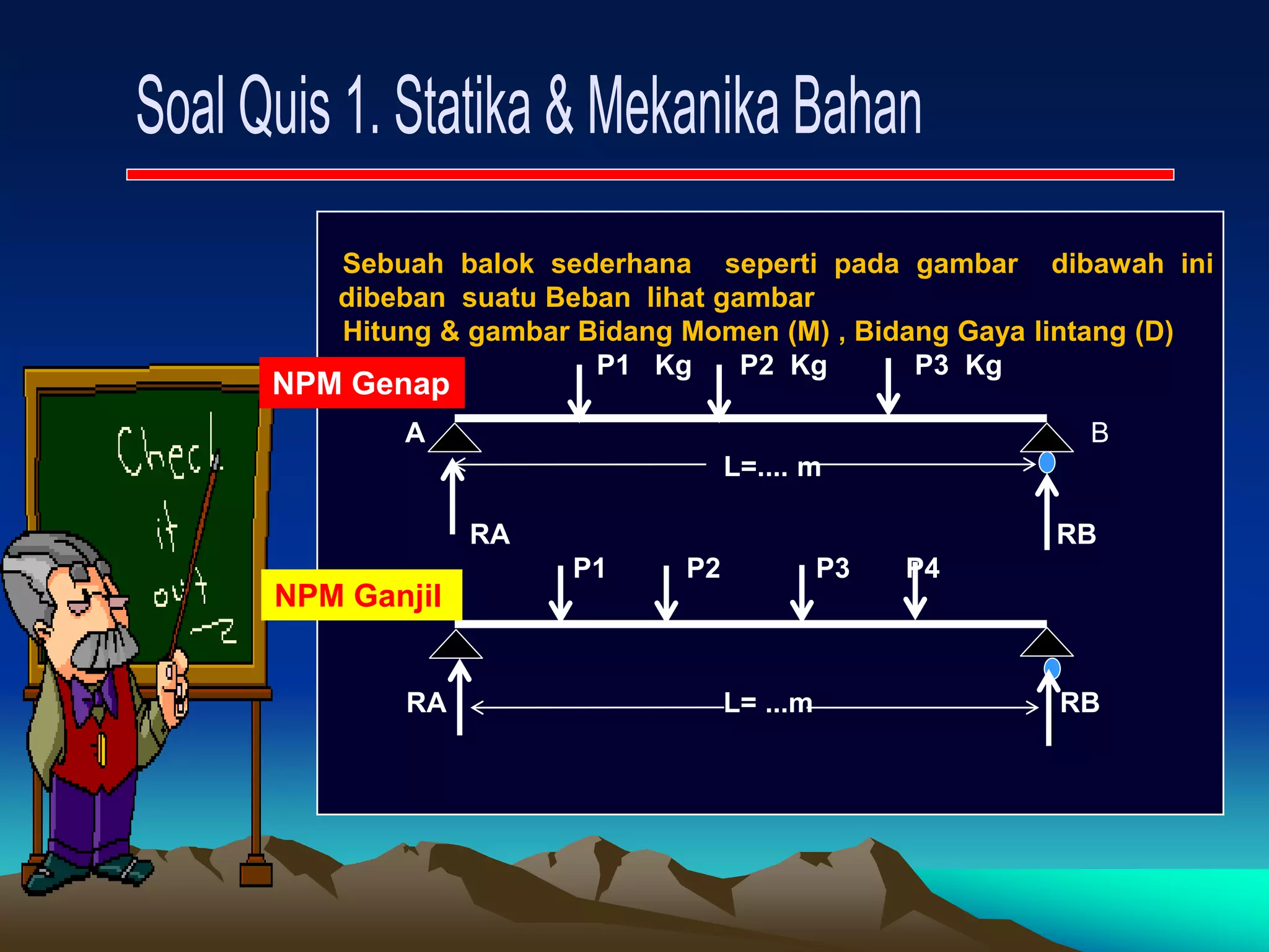 Sebuah balok sederhana seperti pada gambar dibawah ini
dibeban suatu Beban lihat gambar
Hitung & gambar Bidang Momen (M) , Bidang Gaya lintang (D)
P1 Kg P2 Kg P3 Kg
A B
L=.... m
RA RB
P1 P2 P3 P4
RA L= ...m RB
NPM Ganjil
NPM Genap
 