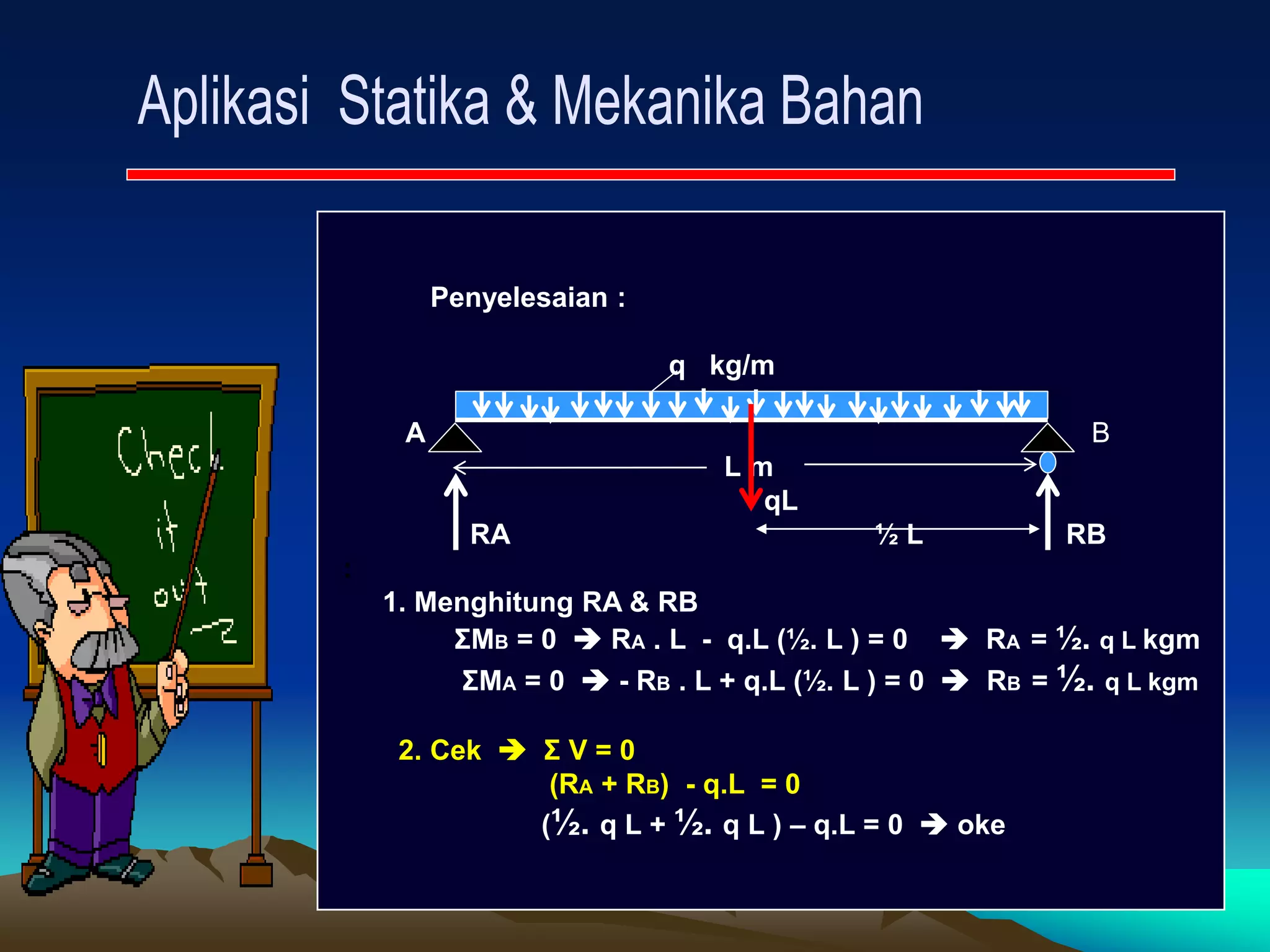 Penyelesaian :
q kg/m
A B
L m
qL
RA ½ L RB
:
1. Menghitung RA & RB
ΣMB = 0  RA . L - q.L (½. L ) = 0  RA = ½. q L kgm
ΣMA = 0  - RB . L + q.L (½. L ) = 0  RB = ½. q L kgm
2. Cek  Σ V = 0
(RA + RB) - q.L = 0
(½. q L + ½. q L ) – q.L = 0  oke
 