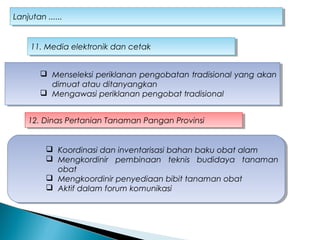 Lanjutan ......Lanjutan ......
 Menseleksi periklanan pengobatan tradisional yang akan
dimuat atau ditanyangkan
 Mengawasi periklanan pengobat tradisional
 Menseleksi periklanan pengobatan tradisional yang akan
dimuat atau ditanyangkan
 Mengawasi periklanan pengobat tradisional
11. Media elektronik dan cetak11. Media elektronik dan cetak
12. Dinas Pertanian Tanaman Pangan Provinsi12. Dinas Pertanian Tanaman Pangan Provinsi
 Koordinasi dan inventarisasi bahan baku obat alam
 Mengkordinir pembinaan teknis budidaya tanaman
obat
 Mengkoordinir penyediaan bibit tanaman obat
 Aktif dalam forum komunikasi
 Koordinasi dan inventarisasi bahan baku obat alam
 Mengkordinir pembinaan teknis budidaya tanaman
obat
 Mengkoordinir penyediaan bibit tanaman obat
 Aktif dalam forum komunikasi
 