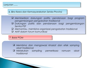 Lanjutan ......Lanjutan ......
 Memberikan dukungan politis, pendanaan bagi program
pengembangan pengobatan tradisional
 Dukungan politis dan pendanaan bagi pengembangan
Sentra P3T
 Memantau, membina organisasi pengobatan tradisional
 Aktif dalam forum komunikasi
 Memberikan dukungan politis, pendanaan bagi program
pengembangan pengobatan tradisional
 Dukungan politis dan pendanaan bagi pengembangan
Sentra P3T
 Memantau, membina organisasi pengobatan tradisional
 Aktif dalam forum komunikasi
6. Biro Kesra dan Kemasyarakatan Setda Provinsi6. Biro Kesra dan Kemasyarakatan Setda Provinsi
7. Balai POM7. Balai POM
 Membina dan mengawasi khasiat dan efek samping
obat tradisional
 Melakukan sampling pemeriksaa ramuan obat
tradisional
 Membina dan mengawasi khasiat dan efek samping
obat tradisional
 Melakukan sampling pemeriksaa ramuan obat
tradisional
 