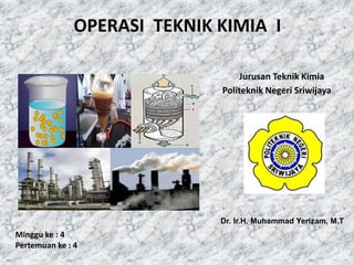 Dr. Ir.H. Muhammad Yerizam, M.T
Jurusan Teknik Kimia
Politeknik Negeri Sriwijaya
OPERASI TEKNIK KIMIA I
Minggu ke : 4
Pertemuan ke : 4
 