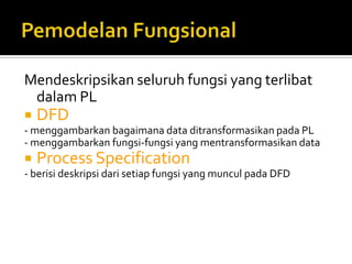 Mereka menganjurkan agar DFD menjadi alat pertama yang digunakan “analis sistem” untuk membuat sebuah model sistem yang menunjukkan keterkaitan setiap komponen-komponen sistemnya. ElemenDesainPemodelan DataPemodelan FungsionalPemodelan Status/Kelakuan