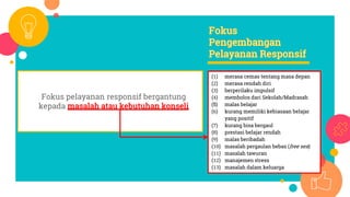 Fokus pelayanan responsif bergantung
kepada masalah atau kebutuhan konseli
(1) merasa cemas tentang masa depan
(2) merasa rendah diri
(3) berperilaku impulsif
(4) membolos dari Sekolah/Madrasah
(5) malas belajar
(6) kurang memiliki kebiasaan belajar
yang positif
(7) kurang bisa bergaul
(8) prestasi belajar rendah
(9) malas beribadah
(10) masalah pergaulan bebas (free sex)
(11) masalah tawuran
(12) manajemen stress
(13) masalah dalam keluarga
 