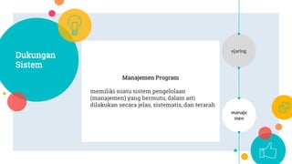 manaje
men
Jejaring
Manajemen Program
memiliki suatu sistem pengelolaan
(manajemen) yang bermutu, dalam arti
dilakukan secara jelas, sistematis, dan terarah
Dukungan
Sistem
 