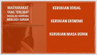 MASYARAKAT 
YANG TERLIBAT 
MASALAH NARKOBA 
MENJADI SURAM 
KERUGIAN SOSIAL 
KERUGIAN EKONOMI 
KERUGIAN MASA DEPAN 
 