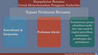 Pengguna Narkoba Lebih Baik Direhabilitasi Daripada Dipenjara 
Kesepakatan Bersama 
Untuk Menyelamatkan Pengguna Narkotika 
18 
Koordinasi & 
kerjasama 
Pedoman teknis 
Terlaksananya proses 
rehabilitasi medis 
dan/atau sosial di 
tingkat penyidikan, 
penuntutan, 
persidangan dan 
pemidanaan 
Tujuan Peraturan Bersama 
 