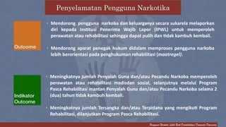 Penyelamatan Pengguna Narkotika 
Pengguna Narkoba Lebih Baik Direhabilitasi Daripada Dipenjara 
Outcome 
Indikator 
Outcome 
Mendorong 
pengguna 
narkoba 
dan 
keluarganya 
secara 
sukarela 
melaporkan 
diri 
kepada 
InsCtusi 
Penerima 
Wajib 
Lapor 
(IPWL) 
untuk 
memperoleh 
perawatan 
atau 
rehabilitasi 
sehingga 
dapat 
pulih 
dan 
Cdak 
kambuh 
kembali. 
! 
Mendorong 
aparat 
penegak 
hukum 
didalam 
memproses 
pengguna 
narkoba 
lebih 
berorientasi 
pada 
penghukuman 
rehabilitasi 
(maatregel). 
Meningkatnya 
jumlah 
Penyalah 
Guna 
dan/atau 
Pecandu 
Narkoba 
memperoleh 
perawatan 
atau 
rehabilitasi 
medisdan 
sosial, 
selanjutnya 
melalui 
Program 
Pasca 
Rehabilitasi 
mantan 
Penyalah 
Guna 
dan/atau 
Pecandu 
Narkoba 
selama 
2 
(dua) 
tahun 
Cdak 
kambuh 
kembali. 
! 
Meningkatnya 
jumlah 
Tersangka 
dan/atau 
Terpidana 
yang 
mengikuC 
Program 
Rehabilitasi, 
dilanjutkan 
Program 
Pasca 
Rehabilitasi. 
 