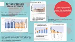 EXTENT OF DRUG USE 
GLOBAL OVERVIEW 
world drug report 2014 
Tahun 2012, penylah guna narkoba di dunia sekitar 
243 juta orang/prevalesi 5.2 % yang berumur 15-64. 
peningkatan peredaran ATS dan Kultivasi opium 
pada tahun 2013 
Jumlah new psychoactive substances (NPS) yang beredar di 
dunia mengalami peningkatan lebih dari 2x lipat dari tahun 
2009-2013. Bulan Decemer 2013, jumlah NPS sebesar 348, 
dari 251 substances ditahun sebelumnya 
“…sekitar 183.000 orang atau 
40% dari penduduk dunia yang 
berumur 15-64 meninggal akibat 
dampat menggunakan narkoba” 
3 
 