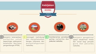 1. menjamin ketersediaan 
n a r k o t i k a u n t u k 
kepentingan pelanyanan 
k e s e h a t a n d a n / a t a u 
pengembangan IPTEK; 
Kebijakan 
NASIONAL 
2. mencegah, melindungi 
dan menyelamatkan 
bangsa Indonesia dari 
p e n y a l a h g u n a a n 
narkotika; 
Pasal 4 
UU 35/2009 
3. memberantas peredaan 
g e l a p n a r k o t i k a d a n 
prekursor narkotika; 
4. menjam i n p e n g a t u r a n 
upaya rehabilitasi medis 
dan sosial bagi penyala 
g u n a d a n p e c a n d u 
narkotika. 
7 
 