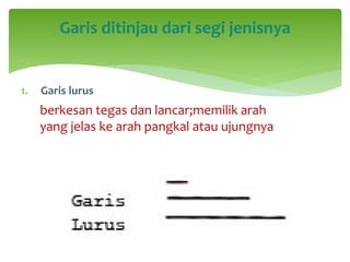 Garis ditinjau dari segi jenisnya
1. Garis lurus
berkesan tegas dan lancar;memilik arah
yang jelas ke arah pangkal atau ujungnya
 