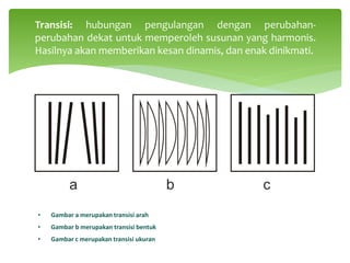 Transisi: hubungan pengulangan dengan perubahan-
perubahan dekat untuk memperoleh susunan yang harmonis.
Hasilnya akan memberikan kesan dinamis, dan enak dinikmati.
• Gambar a merupakan transisi arah
• Gambar b merupakan transisi bentuk
• Gambar c merupakan transisi ukuran
 