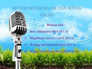 MATERI NOTASI BALOK DAN NOTASI
ANGKA
Disusun oleh :
1. Bety Alfitamara (09/X IPA 1)
2. Magdalena Naera C. (19/X IPA 1)
3. Wening Suri Prawesti (28/X IPA 1)
4. Widya Santi Ratna Dewi (29/X IPA 1)
 