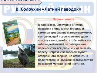 В. Солоухин «Летний паводок»
П иш е м с о ч ин е н ие 1
5 . 3
Вариант ответа
В рассказе В. Солоухина «Летний
паводок» описывается героизм и
самопожертвование матери-выхухоли,
выполняющей «свое извечное дело
спасать своих детей». Чтобы избежать
гибели детёнышей от паводка, она
переносит их всё дальше и дальше по
берегу. Встреча с человеком пугает
осторожного зверька, но оставить в
беде тревожно кричавших выхухолят не
позволяет материнский инстинкт.
 