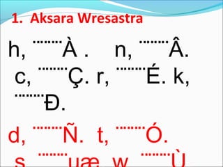 1. Aksara Wresastra
h, ¨¨¨¨À . n, ¨¨¨¨Â.
c, ¨¨¨¨Ç. r, ¨¨¨¨É. k,
¨¨¨¨Ð.
d, ¨¨¨¨Ñ. t, ¨¨¨¨Ó.
 