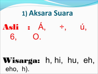 1) Aksara Suara
Asli : Á, ÷, ú,
6, O.
Wisarga: h, hi, hu, eh,
eho, h).
 