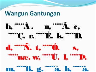 Wangun Gantungan
h, ¨¨¨¨À . n, ¨¨¨¨Â. c,
¨¨¨¨Ç. r, ¨¨¨¨É. k, ¨¨¨¨Ð.
d, ¨¨¨¨Ñ. t, ¨¨¨¨Ó. s,
¨¨¨¨uæ. w, ¨¨¨¨Ù. l, ¨¨¨¨Þ.
m, ¨¨¨¨ß. g, ¨¨¨¨á. b, ¨¨¨¨ã.
 