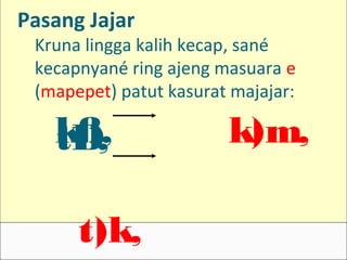 Pasang Jajar
Kruna lingga kalih kecap, sané
kecapnyané ring ajeng masuara e
(mapepet) patut kasurat majajar:
kß, k)m,tÐ,
t)k,
 