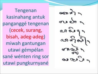 Tengenan
kasinahang antuk
panganggé tengenan
(cecek, surang,
bisah, adeg-adeg)
miwah gantungan
utawi gémpélan
sané wénten ring sor
utawi pungkurnyané
 