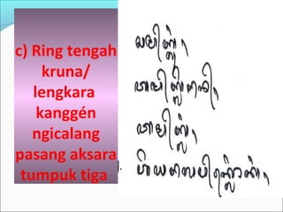 c) Ring tengah
kruna/
lengkara
kanggén
ngicalang
pasang aksara
tumpuk tiga
 