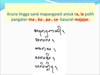 Kruna lingga sané mapangawit antuk ra, la polih
pangater ma-, ka-, pa-, sa- kasurat majajar.
 