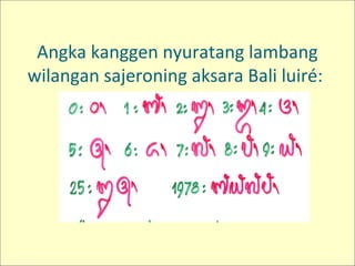 Angka kanggen nyuratang lambang
wilangan sajeroning aksara Bali luiré:
 
