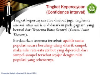 Tingkat kepercayaan atau disebut juga confidence
interval atau risk level didasarkan pada gagasan yang
berasal dariTeorema Batas Sentral (Central Limit
Theorem).
Berdasarkan teorema tersebut: apabila suatu
populasi secara berulang-ulang ditarik sampel,
maka nilai rata-rata atribut yang diperoleh dari
sampel-sampel tersebut sejajar dengan nilai
populasi yang sebenarnya.
Pengantar Statistik Inferensial_M. Jainuri, M.Pd
 
