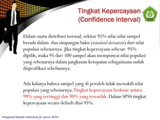 Dalam suatu distribusi normal, sekitar 95% nilai-nilai sampel
berada dalam dua simpangan baku (standard deviation) dari nilai
populasi sebenarnya. Jika tingkat kepercayaan sebesar 95%
dipilih, maka 95 dari 100 sampel akan mempunyai nilai populasi
yang sebenarnya dalam jangkauan ketepatan sebagaimana sudah
dispesifikasi sebelumnya.
Ada kalanya bahwa sampel yang di peroleh tidak mewakili nilai
populasi yang sebenarnya.Tingkat kepercayaan berkisar antara
99% yang tertinggi dan 90% yang terendah. Dalam SPSS tingkat
kepercayaan secara default diisi 95%.
Pengantar Statistik Inferensial_M. Jainuri, M.Pd
 