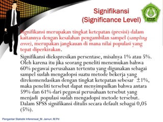 Signifikansi merupakan tingkat ketepatan (presisi) dalam
kaitannya dengan kesalahan pengambilan sampel (sampling
error), merupakan jangkauan di mana nilai populasi yang
tepat diperkirakan.
Signifikansi diekspresikan persentase, misalnya 1% atau 5%.
Oleh karena itu jika seorang peneliti menemukan bahwa
60% pegawai perusahaan tertentu yang digunakan sebagai
sampel sudah mengadopsi suatu metode bekerja yang
direkomendasikan dengan tingkat ketepatan sebesar ±1%,
maka peneliti tersebut dapat menyimpulkan bahwa antara
59% dan 61% dari pegawai perusahaan tersebut yang
menjadi populasi sudah mengadopsi metode tersebut.
Dalam SPSS signifikansi ditulis secara default sebagai 0,05
(5%).
Pengantar Statistik Inferensial_M. Jainuri, M.Pd
 