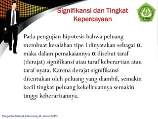 Pada pengujian hipotesis bahwa peluang
membuat kesalahan tipe I dinyatakan sebagai α,
maka dalam pemakaiannya α disebut taraf
(derajat) signifikansi atau taraf keberartian atau
taraf nyata. Karena derajat signifikansi
ditentukan oleh peluang yang diambil, semakin
kecil tingkat peluang kekeliruannya semakin
tinggi keberartiannya.
Pengantar Statistik Inferensial_M. Jainuri, M.Pd
 