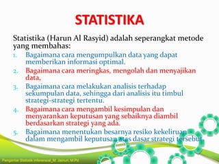 STATISTIKA
Statistika (Harun Al Rasyid) adalah seperangkat metode
yang membahas:
1. Bagaimana cara mengumpulkan data yang dapat
memberikan informasi optimal.
2. Bagaimana cara meringkas, mengolah dan menyajikan
data,
3. Bagaimana cara melakukan analisis terhadap
sekumpulan data, sehingga dari analisis itu timbul
strategi-strategi tertentu.
4. Bagaimana cara mengambil kesimpulan dan
menyarankan keputusan yang sebaiknya diambil
berdasarkan strategi yang ada.
5. Bagaimana menentukan besarnya resiko kekeliruan
dalam mengambil keputusan atas dasar strategi tersebut.
Pengantar Statistik Inferensial_M. Jainuri, M.Pd
 