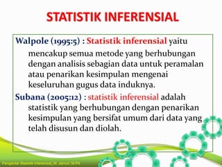 STATISTIK INFERENSIAL
Walpole (1995:5) : Statistik inferensial yaitu
mencakup semua metode yang berhubungan
dengan analisis sebagian data untuk peramalan
atau penarikan kesimpulan mengenai
keseluruhan gugus data induknya.
Subana (2005:12) : statistik inferensial adalah
statistik yang berhubungan dengan penarikan
kesimpulan yang bersifat umum dari data yang
telah disusun dan diolah.
Pengantar Statistik Inferensial_M. Jainuri, M.Pd
 