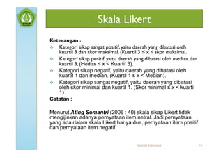 Skala Likert
Keterangan :
 Kategori sikap sangat positif, yaitu daerah yang dibatasi oleh
   kuartil 3 dan skor maksimal. (Kuartil 3 ≤ x ≤ skor maksimal.
 Kategori sikap positif, yaitu daerah yang dibatasi oleh median dan
   kuartil 3. (Median ≤ x < Kuartil 3).
 Kategori sikap negatif, yaitu daerah yang dibatasi oleh
   kuartil 1 dan median. (Kuartil 1 ≤ x < Median).
 Kategori sikap sangat negatif, yaitu daerah yang dibatasi
   oleh skor minimal dan kuartil 1. (Skor minimal ≤ x < kuartil
   1)
Catatan :

Menurut Ating Somantri (2006 : 40) skala sikap Likert tidak
mengijinkan adanya pernyataan item netral. Jadi pernyataan
yang ada dalam skala Likert hanya dua, pernyataan item positif
dan pernyataan item negatif.


                                        Statistik Inferensial          16
 