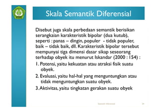 Skala Semantik Diferensial
Disebut juga skala perbedaan semantik berisikan
serangkaian karakteristik bipolar (dua kutub),
seperti : panas – dingin, populer - tidak populer,
baik – tidak baik, dll. Karakteristik bipolar tersebut
mempunyai tiga dimensi dasar sikap seseorang
terhadap obyek itu menurut Iskandar (2000 : 154) :
1. Potensi, yaitu kekuatan atau atraksi fisik suatu
   obyek.
2. Evaluasi, yaitu hal-hal yang menguntungkan atau
   tidak menguntungkan suatu obyek.
3. Aktivitas, yaitu tingkatan gerakan suatu obyek

                                Statistik Inferensial    34
 