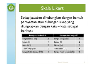 Skala Likert
Setiap jawaban dihubungkan dengan bentuk
pernyataan atau dukungan sikap yang
diungkapkan dengan kata – kata sebagai
berikut :
        Pernyataan Positif              Pernyataan Negatif
Sangat Setuju (SS)           5   Sangat Setuju (SS)          1
Setuju (S)                   4   Setuju (S)                  2
Netral (N)                   3   Netral (N)                  3
Tidak Setju (TS)             2   Tidak Setju (TS)            4
Sangat Tidak Setuju (STS)    1   Sangat Tidak Setuju (STS)   5



                                     Statistik Inferensial       5
 