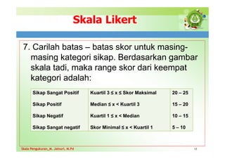 Skala Likert
7. Carilah batas – batas skor untuk masing-
masing kategori sikap. Berdasarkan gambar
skala tadi, maka range skor dari keempat
kategori adalah:
17
Skala Pengukuran_M. Jainuri, M.Pd
Sikap Sangat Positif
Sikap Positif
Sikap Negatif
Sikap Sangat negatif
Kuartil 3 ≤ x ≤ Skor Maksimal
Median ≤ x < Kuartil 3
Kuartil 1 ≤ x < Median
Skor Minimal ≤ x < Kuartil 1
20 – 25
15 – 20
10 – 15
5 – 10
Skala Pengukuran_M. Jainuri, M.Pd
 