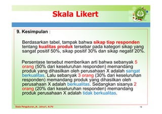 Skala Likert
9. Kesimpulan :
Berdasarkan tabel, tampak bahwa sikap tiap responden
tentang kualitas produk tersebar pada kategori sikap yang
sangat positif 50%, sikap positif 30% dan sikap negatif 20%.
Persentase tersebut memberikan arti bahwa sebanyak 5
orang (50% dari keseluruhan responden) memandang
produk yang dihasilkan oleh perusahaan X adalah sangat
berkualitas. Lalu sebanyak 3 orang (30% dari keseluruhan
responden) memandang produk yang dihasilkan oleh
perusahaan X adalah berkualitas. Sedangkan sisanya 2
orang (20% dari keseluruhan responden) memandang
produk perusahaan X adalah tidak berkualitas.
19
Skala Pengukuran_M. Jainuri, M.Pd
Skala Pengukuran_M. Jainuri, M.Pd
 