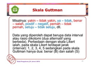 29
Misalnya: yakin – tidak yakin, ya – tidak, benar
– salah, positif – negatif, pernah – tidak
pernah, setuju – tidak setuju, dll.
Data yang diperoleh dapat berupa data interval
atau rasio dikotomi (dua alternatif yang
berbeda). Perbedaan dengan skala Likert
ialah, pada skala Likert terdapat jarak
(interval): 1, 2, 3, 4, 5 sedangkan pada skala
Guttman hanya dua: benar (B) dan salah (S)
Skala Pengukuran_M. Jainuri, M.Pd
 