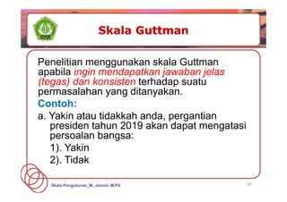 30
Penelitian menggunakan skala Guttman
apabila ingin mendapatkan jawaban jelas
(tegas) dan konsisten terhadap suatu
permasalahan yang ditanyakan.
Contoh:
a. Yakin atau tidakkah anda, pergantian
presiden tahun 2019 akan dapat mengatasi
persoalan bangsa:
1). Yakin
2). Tidak
Skala Pengukuran_M. Jainuri, M.Pd
 