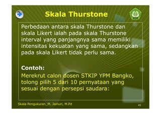 Skala Thurstone
Perbedaan antara skala Thurstone dan
skala Likert ialah pada skala Thurstone
interval yang panjangnya sama memiliki
intensitas kekuatan yang sama, sedangkan
pada skala Likert tidak perlu sama.
Contoh:
Merekrut calon dosen STKIP YPM Bangko,
tolong pilih 5 dari 10 pernyataan yang
sesuai dengan persepsi saudara:
45Skala Pengukuran_M. Jainuri, M.Pd
 
