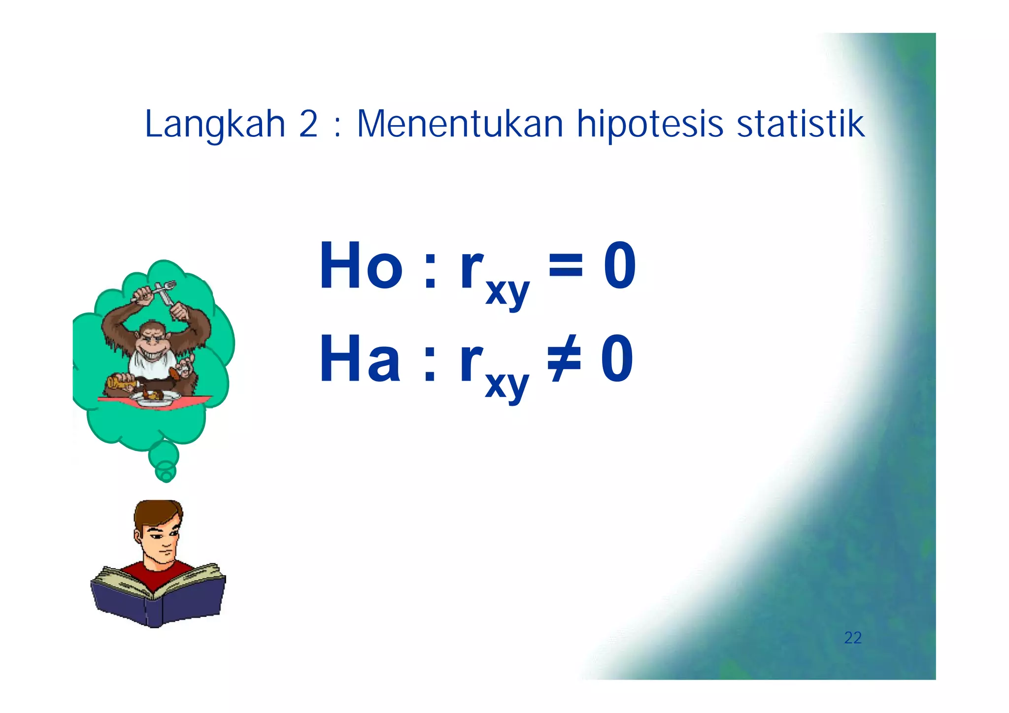 Langkah 2 : Menentukan hipotesis statistik


          Ho : rxy = 0
          Ha : rxy ≠ 0



                                        22
 